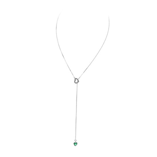 Colar-Gravatinha-de-Prata-Rodinada-com-Zirconia-Verde-Esmeralda-e-Passador-Coracao-65cm